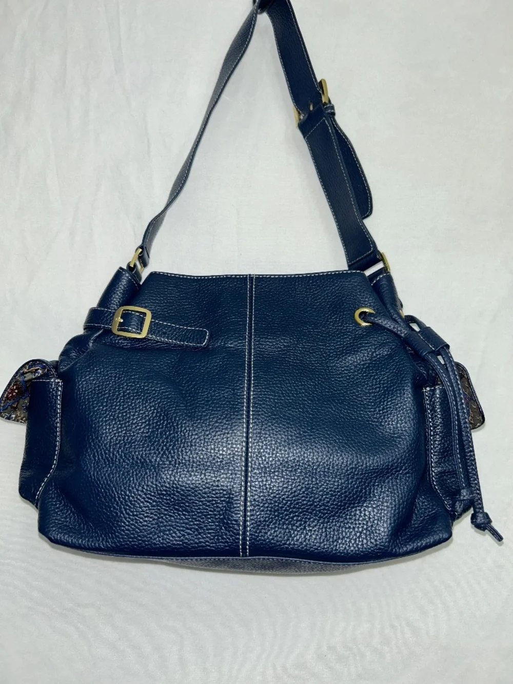 MAXX New York Navy Blue Pebbled Leather Hobo Buckle Strap Shoulder Handbag